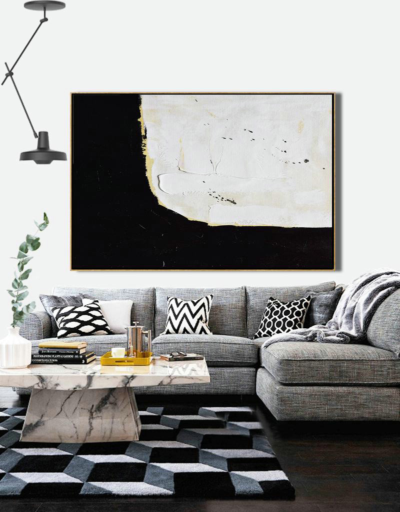 Extra Large Paintings,Horizontal Palette Knife Minimal Canvas Art Painting Black White Beige - Extra Large Wall Art